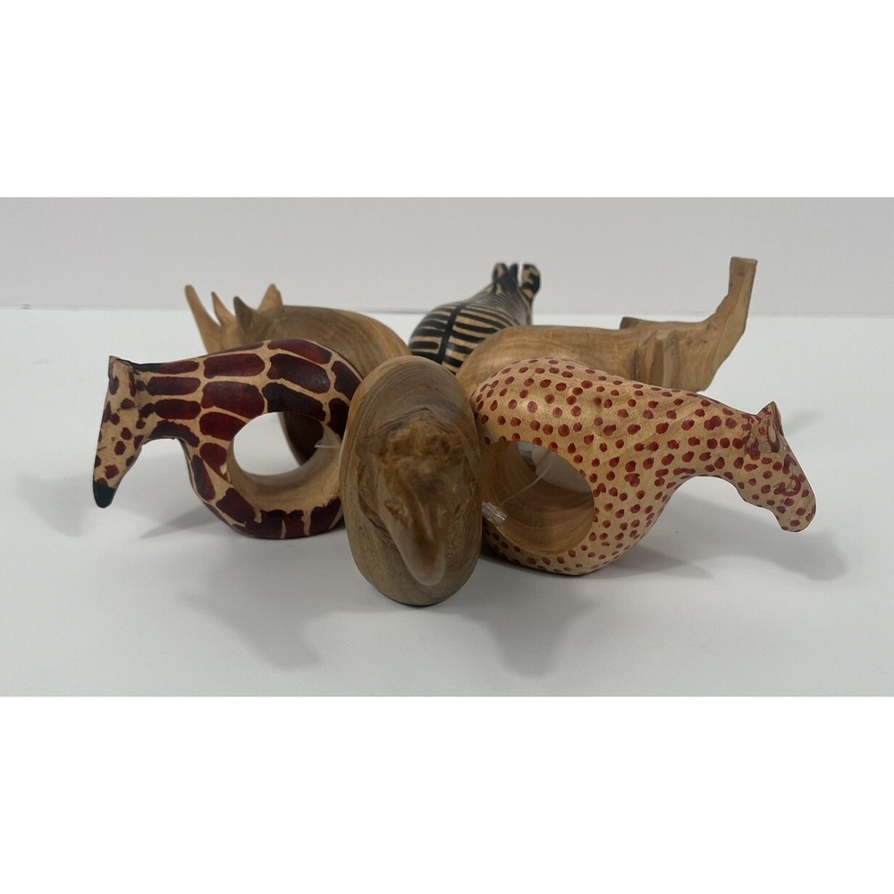 Hand Carved African Safari Animals Wood Napkin Rings Set of 6 Tribal Folk Art